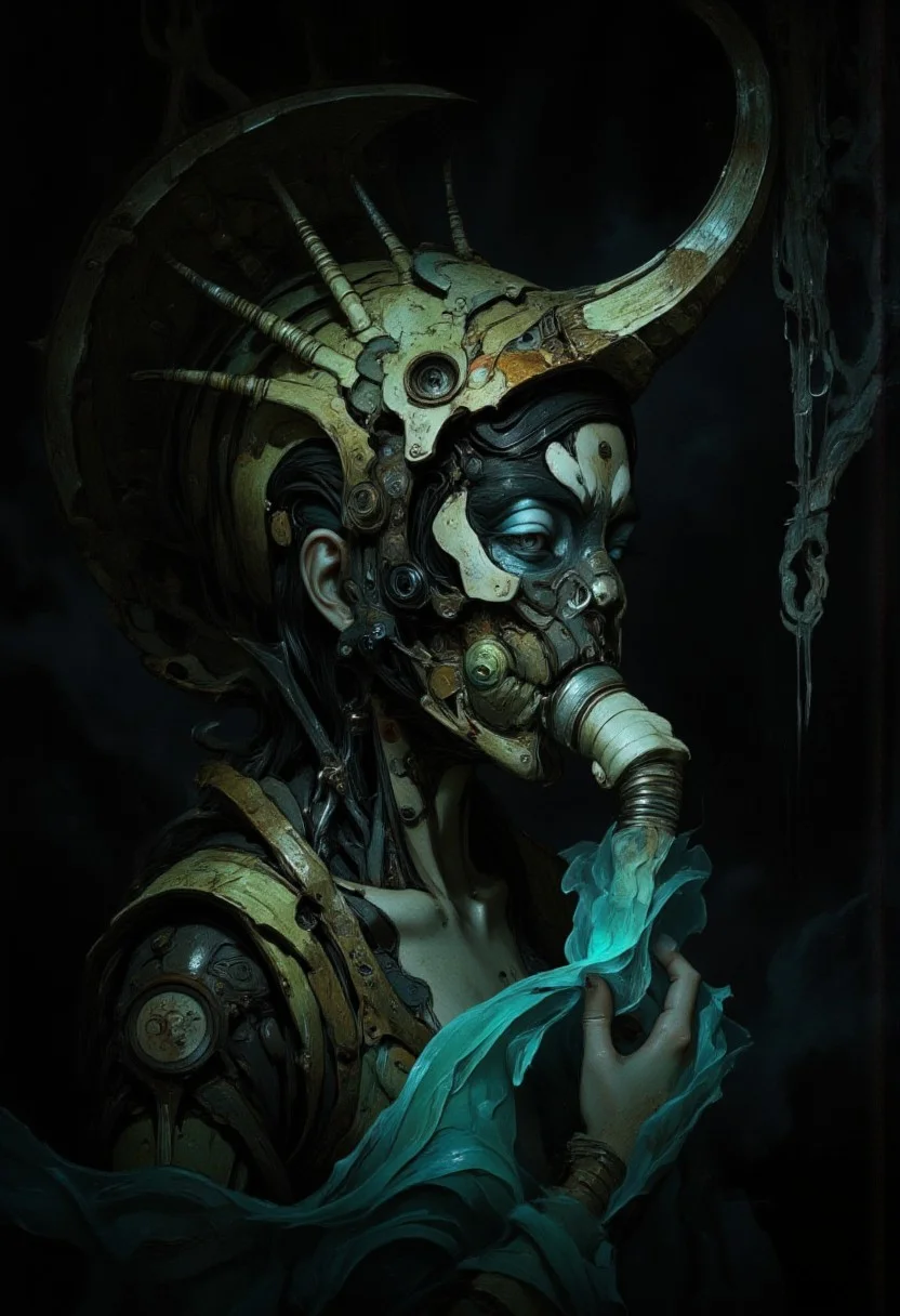 A futuristic, surreal portrait of a woman shrouded in darkness, her profile illuminated by a soft, otherworldly glow. She wears an intricate biomechanical headpiece that curves around her head like a metallic spine. The headpiece, made of segmented, textured metallic coils, emanates an eerie greenish hue and appears both ancient and advanced. Horn-like protrusions emerge from its design, enhancing its alien, almost predatory aesthetic. Her face is partially obscured by a menacing mask crafted from bone-like material and dark, textured metals. The mask wraps around her lower face and nose, featuring jagged edges and organic curves that blend with the biomechanical motif. The design suggests a functional purpose, perhaps a breathing apparatus or ceremonial ornament. A flexible, ribbed tube extends from the mask to her collar, further adding to the utilitarian yet decorative feel of her ensemble. Her exposed shoulder and collarbone reveal smooth, glowing skin that contrasts starkly with the rough, mechanical elements of her attire. Her striking blue eye peers through the darkness, framed by bold lashes and an intense gaze. The lighting accentuates her angular features and creates a dramatic interplay of shadows across her face and headpiece. The background fades into deep black, isolating her figure and emphasizing the sculptural quality of her adornments. The composition combines cyberpunk and dystopian aesthetics, blending organic with industrial design. <lora:Exogenous:1>