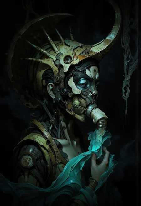A futuristic, surreal portrait of a woman shrouded in darkness, her profile illuminated by a soft, otherworldly glow. She wears an intricate biomechanical headpiece that curves around her head like a metallic spine. The headpiece, made of segmented, textured metallic coils, emanates an eerie greenish hue and appears both ancient and advanced. Horn-like protrusions emerge from its design, enhancing its alien, almost predatory aesthetic. Her face is partially obscured by a menacing mask crafted from bone-like material and dark, textured metals. The mask wraps around her lower face and nose, featuring jagged edges and organic curves that blend with the biomechanical motif. The design suggests a functional purpose, perhaps a breathing apparatus or ceremonial ornament. A flexible, ribbed tube extends from the mask to her collar, further adding to the utilitarian yet decorative feel of her ensemble. Her exposed shoulder and collarbone reveal smooth, glowing skin that contrasts starkly with the rough, mechanical elements of her attire. Her striking blue eye peers through the darkness, framed by bold lashes and an intense gaze. The lighting accentuates her angular features and creates a dramatic interplay of shadows across her face and headpiece. The background fades into deep black, isolating her figure and emphasizing the sculptural quality of her adornments. The composition combines cyberpunk and dystopian aesthetics, blending organic with industrial design. <lora:Exogenous:1>