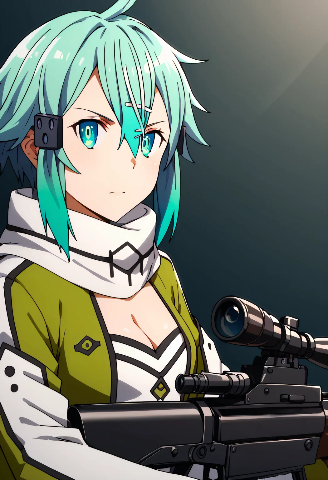 score_9, score_8_up, <lora:sinon-000008:1> 1girl, cleavage, hair ornament, hairclip, rifle, scarf, sinon, sniper rifle, solo