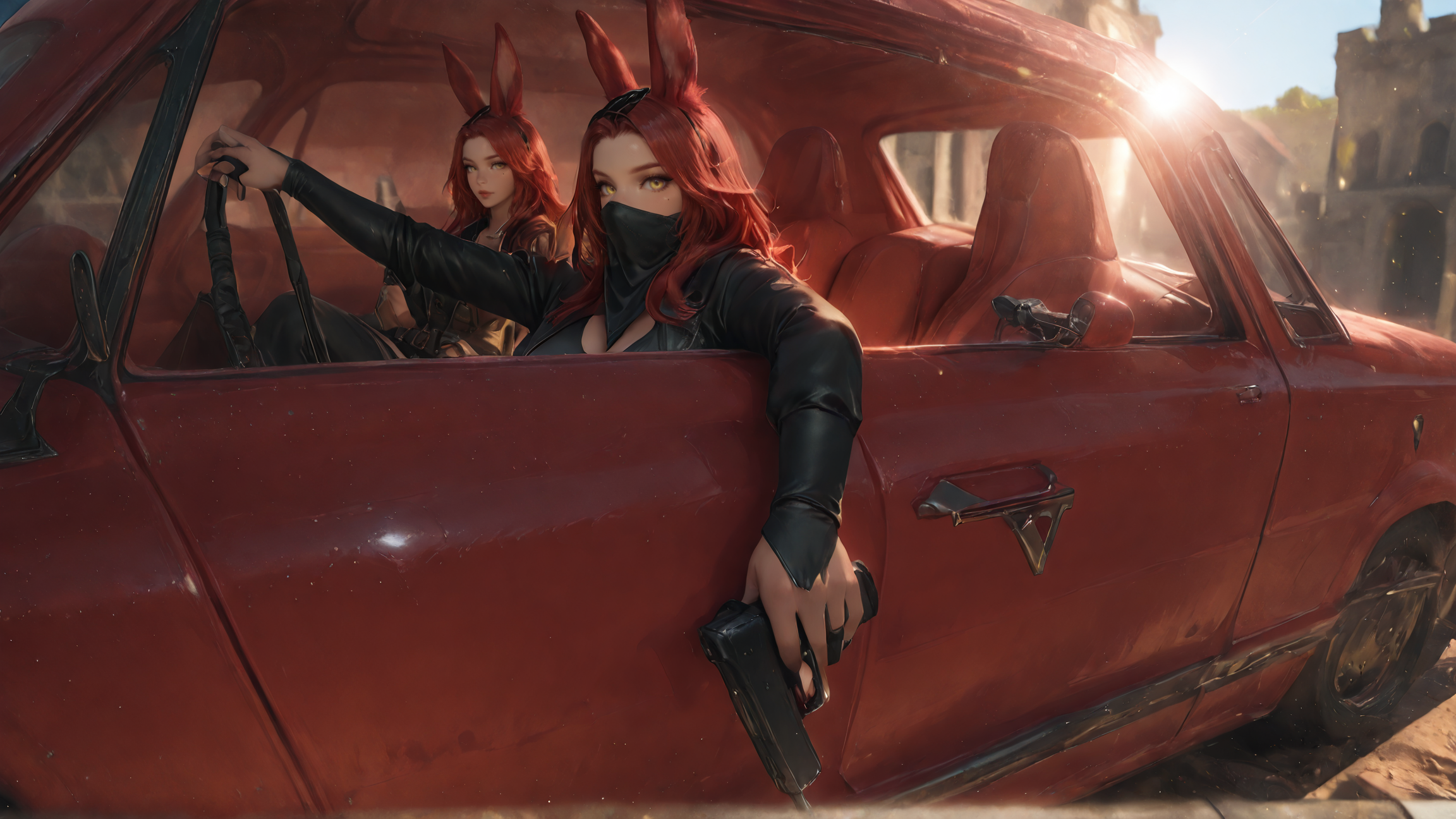 zPDXL3, fantasy illustration, dramatic lighting, intricate details, highly detailed, 8k resolution, trending on artstation, masterpiece, post-processing techniques, depth of field, ambient occlusion, uncensored,
 vii_xiv, 1girl, age 30, red hair, long hair, animal ears, large red rabbit ears, yellow eyes, smokey eyes, mole, maskara, 
riding in a oldtimer, looking looking at viewer, 
face bandana, bandana over mouth,
outdoor, day, bright light,
<lora:Expressive_H:0.6> Expressiveh, <lora:EnvyPonyPrettyEyes01:0.3> SmoothQualityPony, <lora:Vii_Version_3:1>, <lora:RELSM_v1:1>,  <lora:Smooth Pony Booster:0.6>