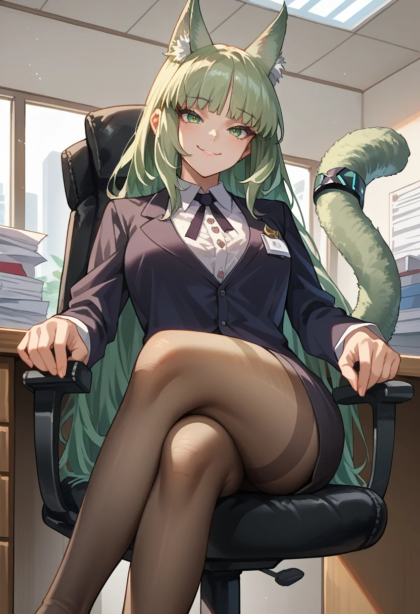 score_9, score_8_up, source_anime, 1girl, solo, HarmonieArknights, long hair, bangs, cat ears, cat tail, tail ornament, indoors, office lady, office chair, sitting, crossed legs, miniskirt, black pantyhose, dress shirt, smile, <lora:ChamHarmoniePonyXL:1>