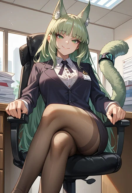 score_9, score_8_up, source_anime, 1girl, solo, HarmonieArknights, long hair, bangs, cat ears, cat tail, tail ornament, indoors, office lady, office chair, sitting, crossed legs, miniskirt, black pantyhose, dress shirt, smile, <lora:ChamHarmoniePonyXL:1>
