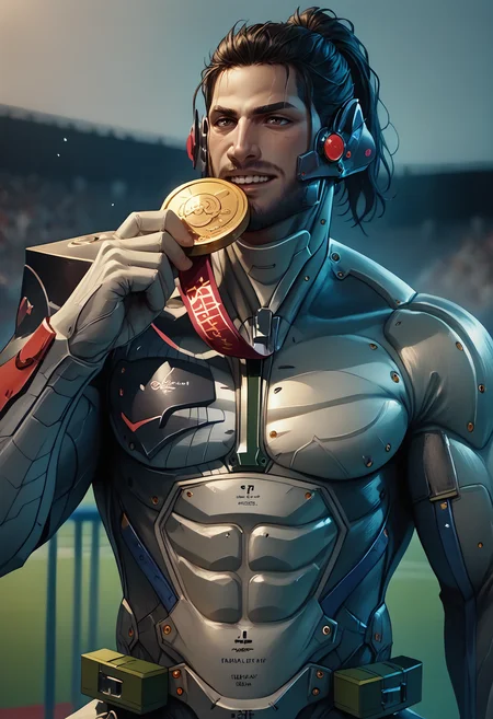 score_9, score_8_up, score_7_up, 1boy, solo, olimedbitepxl, biting into Olympic medal, holding medal, podium, JetstreamSam, cyborg, bodysuit, headgear, beard <lora:olimedbitepxl:0.9> <lora:JetstreamSam_XLPD:1>