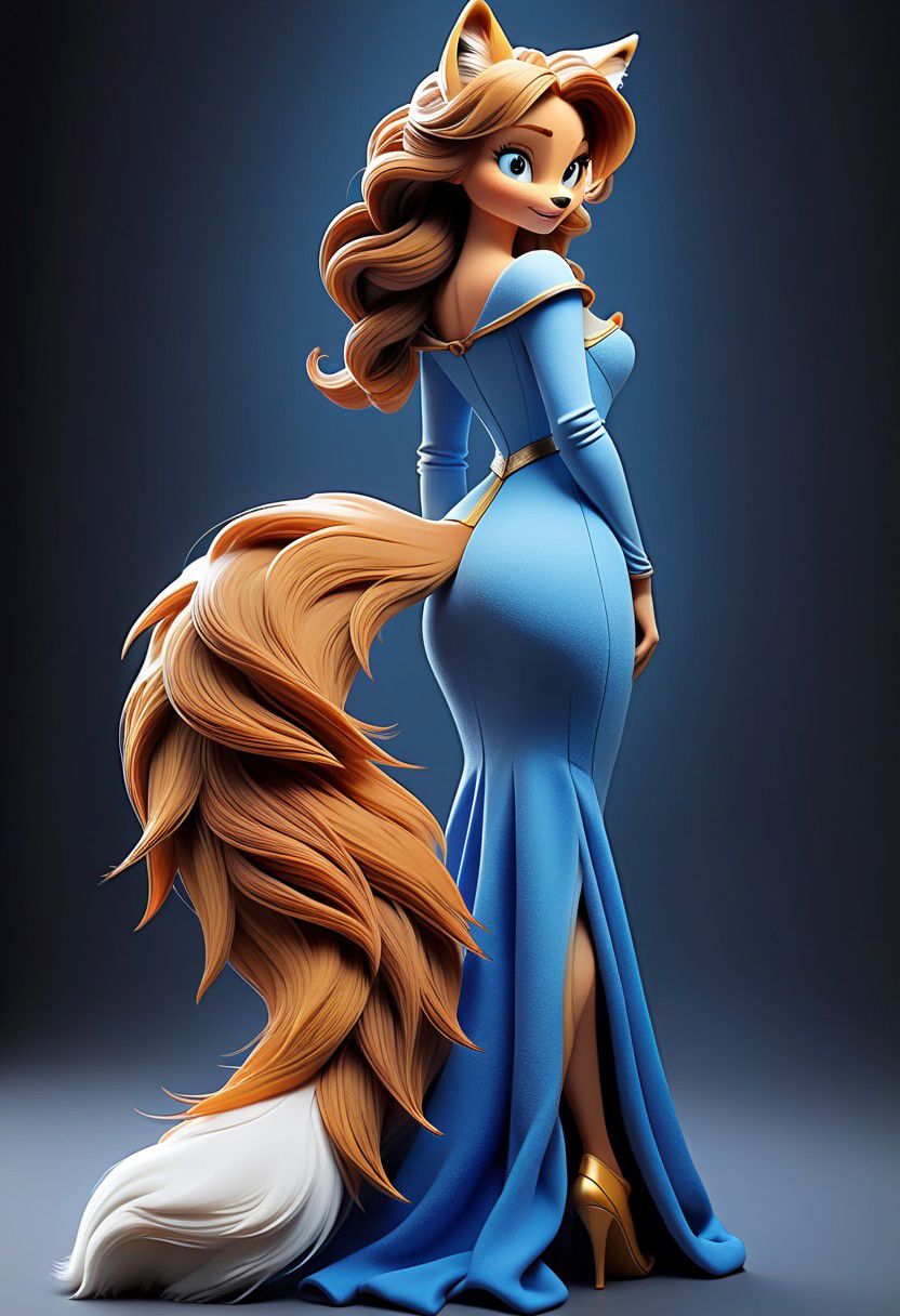 Realistic movie style, Belle, perfect hairy voluminous foxtail, her tail is a part of her anatomy, her tail is rooted at the top of the buttocks,