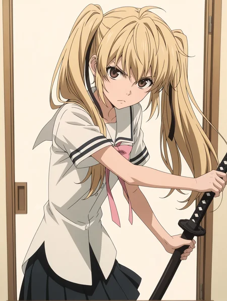 masterpiece,best quality,newest,
1girl,solo,
anime screencap,<lora:s_raimei_ilxl_v1.0:1>,s_raimei,blonde hair,black hair bow,twintails,brown eyes,
r_clothes,serafuku,pink ribbon tie,white shirt,black pleated skirt,
r_katana,
<lora:Fixhands_anime_bdsqlsz_V1:1>,white_background,simple_background,:<,looking_at_viewer,front view,standing,cowboy_shot,ready to draw,serious,
