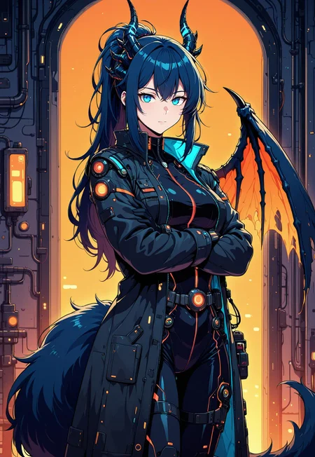 masterpiece, ultra detailed, ultra-detailed, 32K, very aesthetic, 2d, black trenchcoat, open coat, bodysuit, 1 female, solo, blue eyes, dark blue hair, long hair, messy ponytail, black dragon horn, black dragon wing, single wing, multiple horns, (fox tail, fluffy tail:1.2), arms crossed, night, hi-tech, sci fi, neon glow, orange glow, zzCitronLegacy, in the style of cknc, facing viewer,
