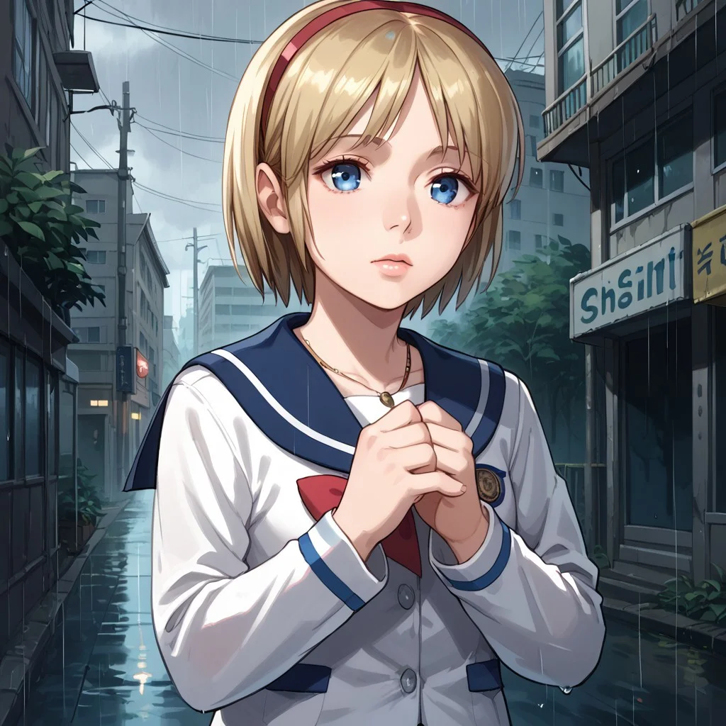 score_9, score_8_up, score_7_up, score_6_up, Sherry-Birkin, 1girl solo, short hair, blue eyes, blonde hair, post-apocalypse, urban background, city, DARK, HORROR, rain, upper body, school uniform, shorts, hairband, serafuku, sailor collar, necklace, lips, blue sailor collar, red hairband, fake screenshot, sensitive