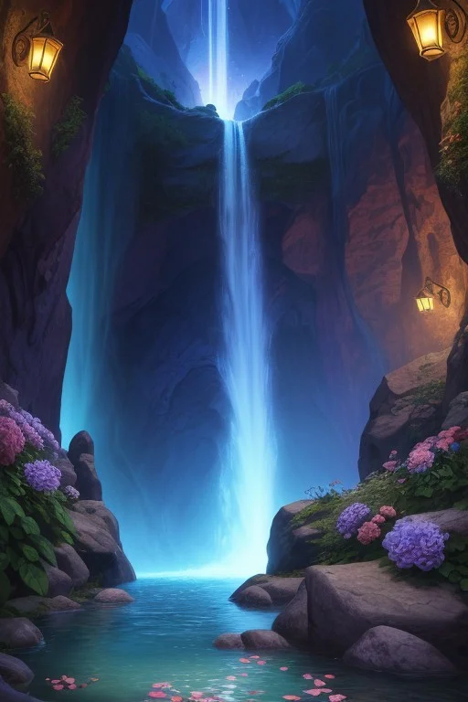 (ultra high res:1.4), (masterpiece), (beautiful lighting:1.4) , raw movie poster, (masterpiece, best quality:1.5), (award winning photo)of a cave surrounded by gemstones in the distance you can see a water basin with a waterfall blue roses grow by the basin the light from the gemstones with which the wall is decorated falls on the water and casts shadows on the rose petals the atmosphere of the picture is magical and warm,(masterpiece, best quality),(sharp focus:1.2),(photorealistic),(intricate details),unity 8k wallpaper,ultra detailed,glow particle, ultra detailed face,ultra detailed eyes