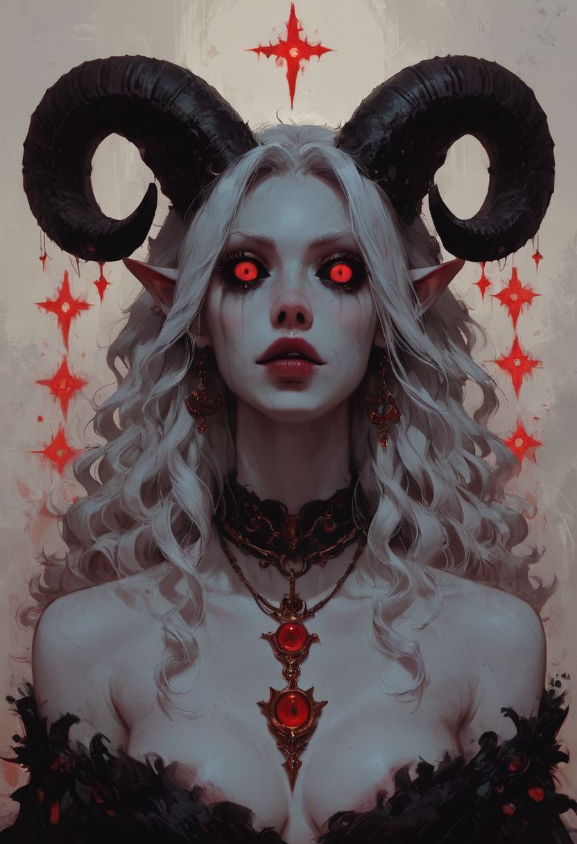 score_9, score_8_up, score_7_up, score_6_up, source_anime, masterpiece, high res, horror aesthetic, 
BREAK
1 girl, ornate collar, sheep horns, skimpy ornate dress, dark castle background, perfect dramatic makeup, beautiful face, black sclera, red eyes, sharp features, pointed ears, white hair, curly hair, white skin, solo, large teardrop breasts, ample ass, shapely figure, concept art, realistic h3ll1sh, r3dgl0w, red eyes, <lora:Castlevania_Style_XL:0.7>, Castlevania style
