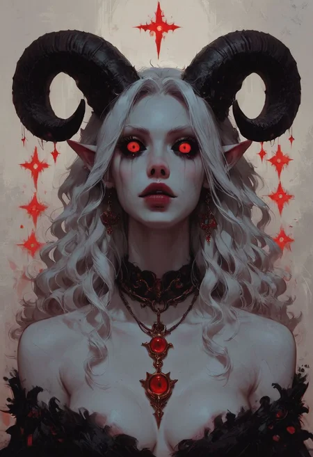 score_9, score_8_up, score_7_up, score_6_up, source_anime, masterpiece, high res, horror aesthetic,
BREAK
1 girl, ornate collar, sheep horns, skimpy ornate dress, dark castle background, perfect dramatic makeup, beautiful face, black sclera, red eyes, sharp features, pointed ears, white hair, curly hair, white skin, solo, large teardrop breasts, ample ass, shapely figure, concept art, realistic h3ll1sh, r3dgl0w, red eyes, <lora:Castlevania_Style_XL:0.7>, Castlevania style