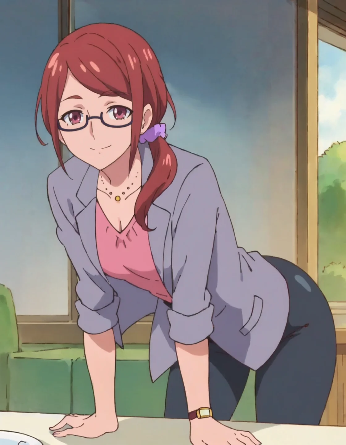 score_9, score_8_up, score_7_up, anime screencap, solo,1girl,nonosumire, glasses, jewelry, necklace, pants, jacket, purple scrunchie, semi-rimless eyewear, looking at viewer,watch,cowboy shot,medium breasts,wide hip,smile ,from behind,huge ass,bent over,<lora:nonosumire:0.8>