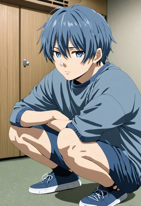 high resolution, solo, best quality, 1Boy, Tomoya Okazaki, Grey Blue Hair, lofi, candid, squat, depth of field, photo model, looking at viewer, OverallDetail