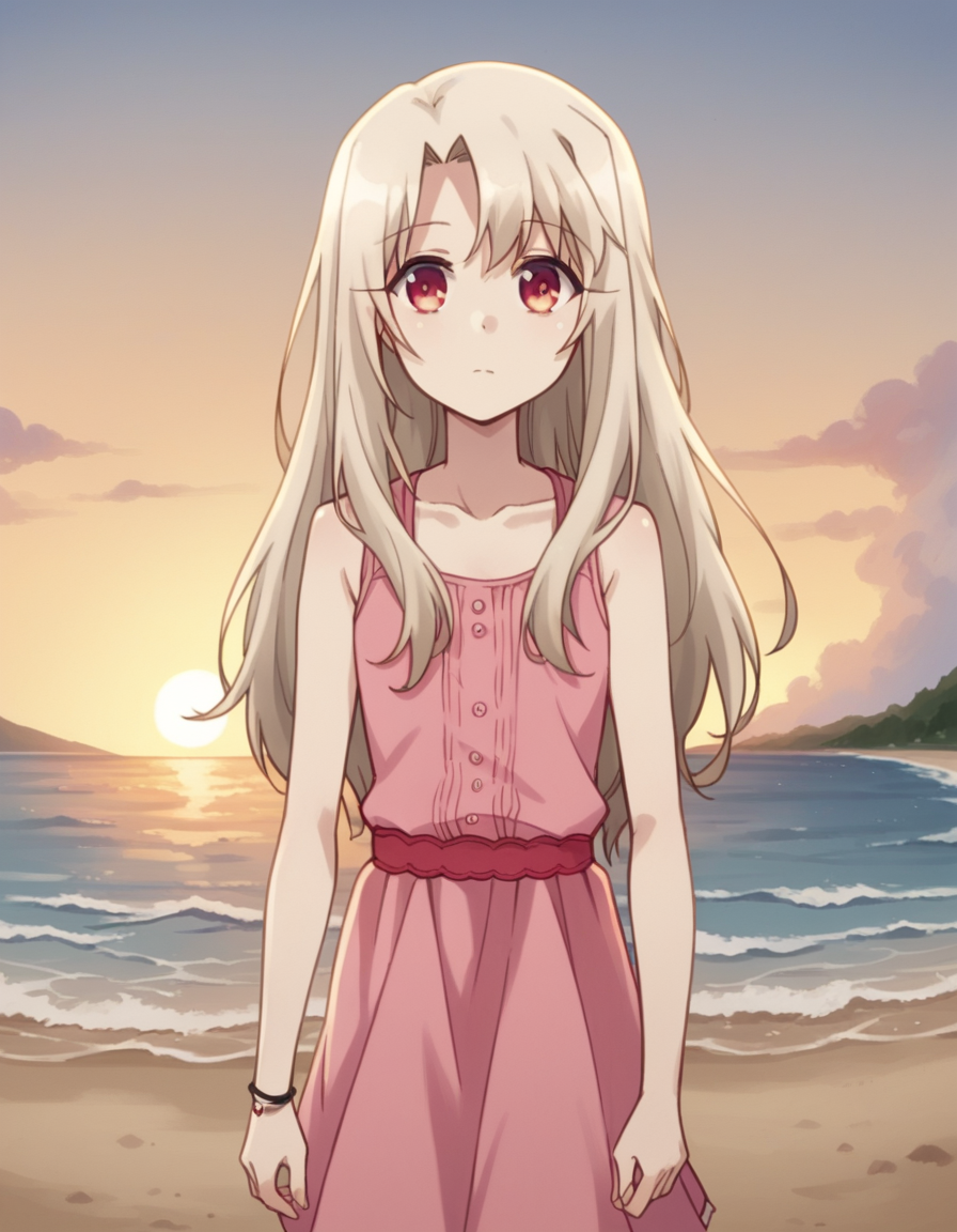 score_9, score_8_up, score_7_up, source_anime, <lora:illyasviel-von-einzbern-prisma-s2s3-ponyxl-lora-nochekaiser:1>,, illyasviel von einzbern, long hair, blonde hair, red eyes, parted bangs,, dress, collarbone, sleeveless, sleeveless dress, pink dress,, beach, sunset, walking along shore, footprints in sand, waves, peaceful, , looking at viewer, arm resting on back of chair, solo,, cowboy shot, dutch angle