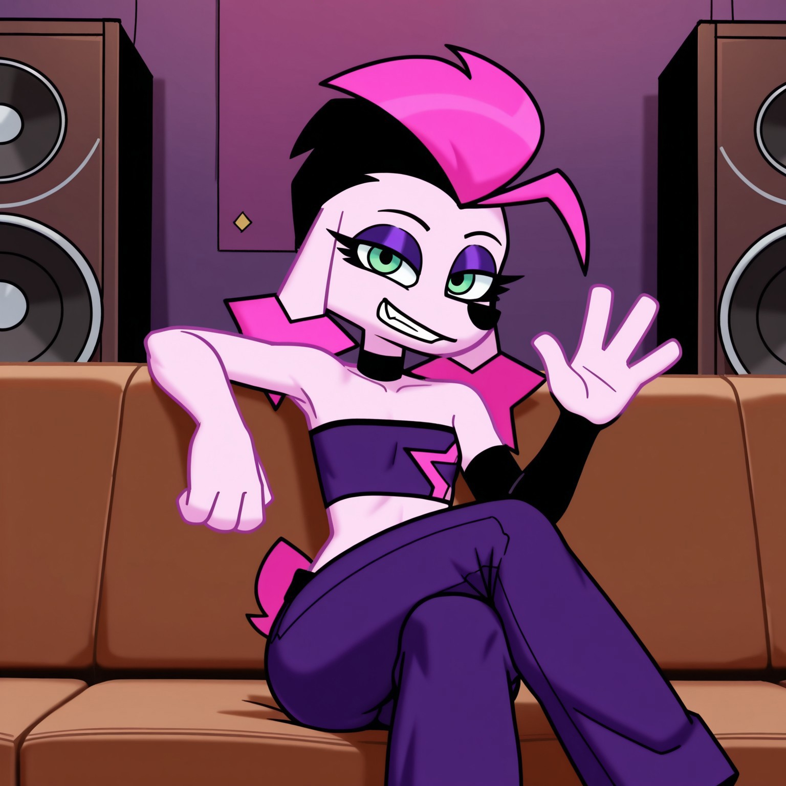 uncensored, masterpiece, best quality, highly detailed, realistic, 1girl, solo, FifiDS, female furry, anthro, canine, dog, poodle, pink hair, black hair, two tone hair, purple eyeshadow, black eyebrows, thin eyebrows, floppy ears, green eyes, black pupils, light-pink skin, flat chested, purple topwear, strapless top, purple pants, black choker, black armwarmer, feet out of frame, smile, closed mouth, teeth, looking at viewer, sitting, backstage, big speakers, indoors, arm rest, (front view), detailed background, three-quarter portrait, (waving, 4 fingers, crossed legs), brown couch, pink tail, short tail