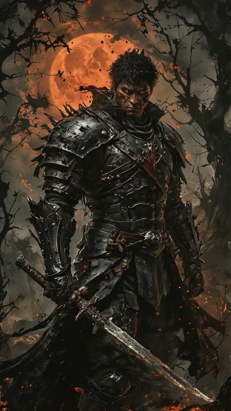 Dark fantasy style depiction of Guts from Berserk. He stands tall and imposing, wearing his signature black armor, scarred and battle-worn, with a large, tattered cape flowing behind him. His massive sword, the Dragon Slayer, is strapped to his back, and he has a fierce, determined expression on his face. His hair is short and spiky, and his muscular physique is evident. The background is a dark, ominous landscape, with twisted trees and a blood-red moon casting an eerie glow. Shadows and demonic figures lurk in the background, enhancing the sense of danger and darkness.
<lora:add-detail-xl:2> <lora:MJ52:0.5> <lora:ink-style_A3.1_XL:0.66> (ink-style, ink_wash_painting)