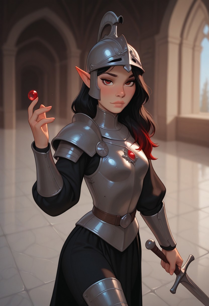 masterpiece, best quality, amazing quality, very aesthetic, DISNEY_ANIMATION, incoth, (incase:0.6), female, solo, (depth of field), medieval setting, indoors, day time, palace,
Human, black hair, red highlights, cute face, slender, small breasts, long hair swept to one side, beautiful, kawaii, short pointy ears,
Armor, without_breastplate, show breasts, helmet, sword on hand, 
walking, looking at viewer, cowboy shot, marble floor, marble walls,
