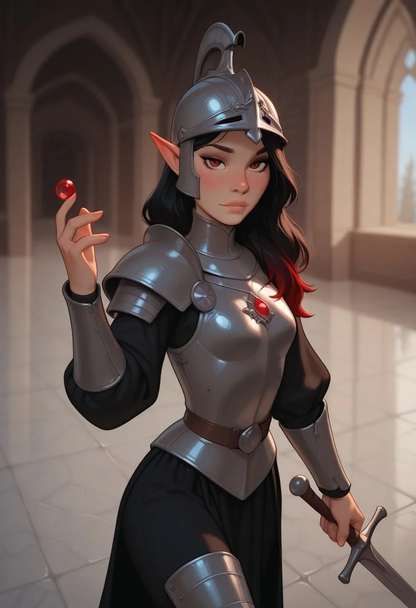masterpiece, best quality, amazing quality, very aesthetic, DISNEY_ANIMATION, incoth, (incase:0.6), female, solo, (depth of field), medieval setting, indoors, day time, palace,
Human, black hair, red highlights, cute face, slender, small breasts, long hair swept to one side, beautiful, kawaii, short pointy ears,
Armor, without_breastplate, show breasts, helmet, sword on hand,
walking, looking at viewer, cowboy shot, marble floor, marble walls,