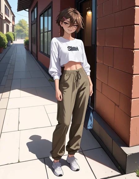 masterpiece, best quality, very aesthetic, absurdres,
outdoors, casual, 
full body, standing, posing, 
 seductive smile, parted lips, long eyelashes,
<lora:Sasha_v01_NAIXL:1>
S4sh4,1girl,solo,tomboy,short hair,brown hair,hairclip,hair between eyes,brown hair,bangs,