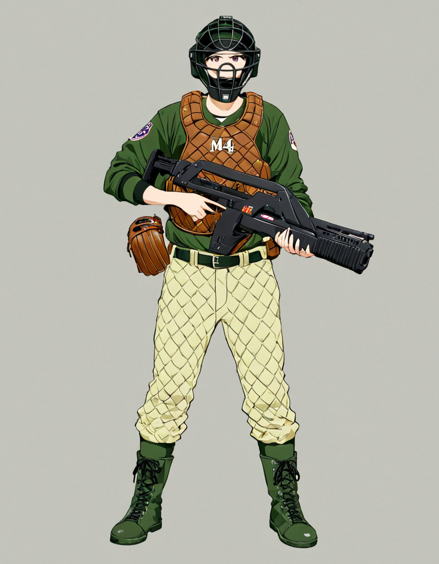 1girl,very short hair,blonde hair,purple eyes,pixie cut,holding m41apls rifle,green clothes,quilted jacket,quilted pants,boots,baseball catchers mask,covered face,simple background,full body, <lora:Armat_M41A_Pulse_Rifle_-_Aliens_SDXL:1>