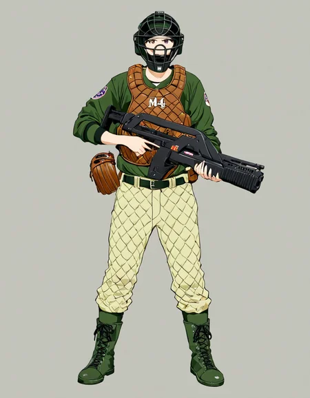 1girl,very short hair,blonde hair,purple eyes,pixie cut,holding m41apls rifle,green clothes,quilted jacket,quilted pants,boots,baseball catchers mask,covered face,simple background,full body, <lora:Armat_M41A_Pulse_Rifle_-_Aliens_SDXL:1>