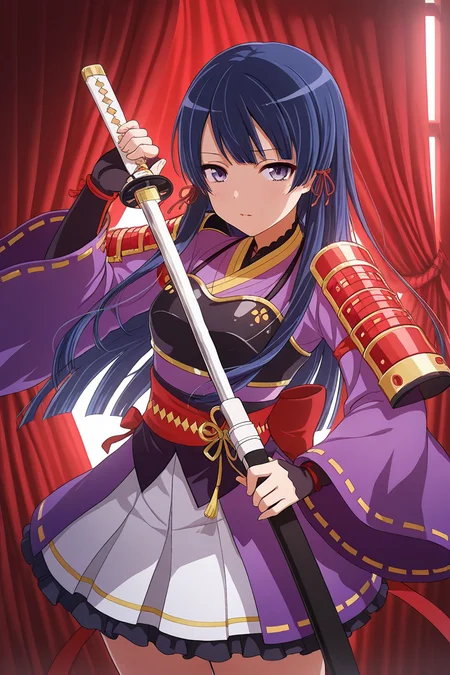 masterpiece, best quality, amazing quality,
<lora:Tamao_IL:1> tamao, 1girl, weapon, sword, solo, holding, long hair, katana, hair ribbon, holding weapon, ribbon, armor, blue hair, bangs, holding sword, ribbon-trimmed sleeves, wide sleeves, ribbon trim, purple eyes, shoulder armor, red ribbon, unsheathed, sheath, japanese armor, looking at viewer, skirt, stage outfit, red curtains