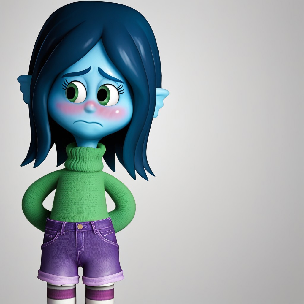 score_9, score_8, score_9, BREAK,solo, Rgill, blue hair, blue skin, sweater, shorts, striped pantyhose, shy, blush