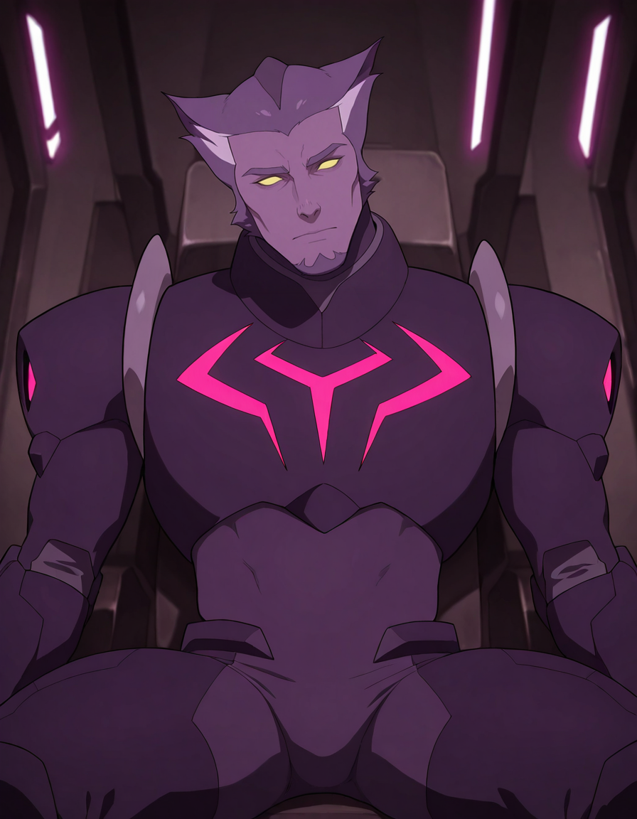 masterpiece, best quality, newest, detailed background, intricate details, male focus, realistic, solo, <lora:VLD - Thace - Illustrious-000007:0.8>,  vld_thace, 1boy, very short hair, multicolored hair, purple body fur, yellow eyes, glowing eyes, solid eyes, no pupils, no ears, goatee, body suit, breastplate, shoulder armor, arm guards, spacecraft interior, looking at viewer, come hither, head tilt, sitting, from side