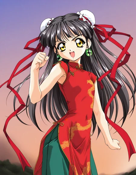masterpiece, best quality, good quality, <lora:Kounyan_Spiral_NAMI_IS:1>Kounyan, black hair, long hair, double bun, hair bun, bun cover, yellow eyes, ribbon, earrings, flat chest, green jewelry, 2000s \(style\),anime coloring, short_stack,
red china dress, red ribbon, green pants, aura, outdoor, sky, serious smile, open mouth, fighting_pause, fight style, looking at viewer, cowboy_Shot,