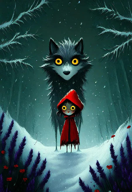 little red riding hood, tiny figure, enormous frightened eyes, flowing red cape, standing before towering grey wolf, white face, glowing yellow eyes, path through misty forest, purple lavender and red poppies, falling snow, moonbeams through twisted trees, digital painting, textured brushstrokes, dramatic size contrast, Tim Burton inspired design, dark whimsical art style