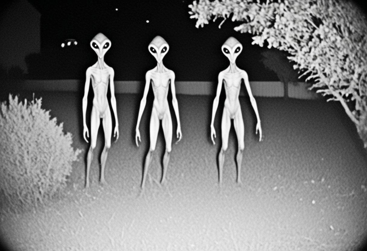 aliencctvlora, black and white nighttime cctv footage of two thin gray aliens skulking around the backyard of a suburban home, thin bodies, bulbous heads, tall, long thin arms, thin fingers, long thin necks, big black eyes, realistic, grainy cctv, dark footage, dynamic action, candid, olddigitalcamera, raw, light leak, film grain, (jpeg artifacts:0.5), low res