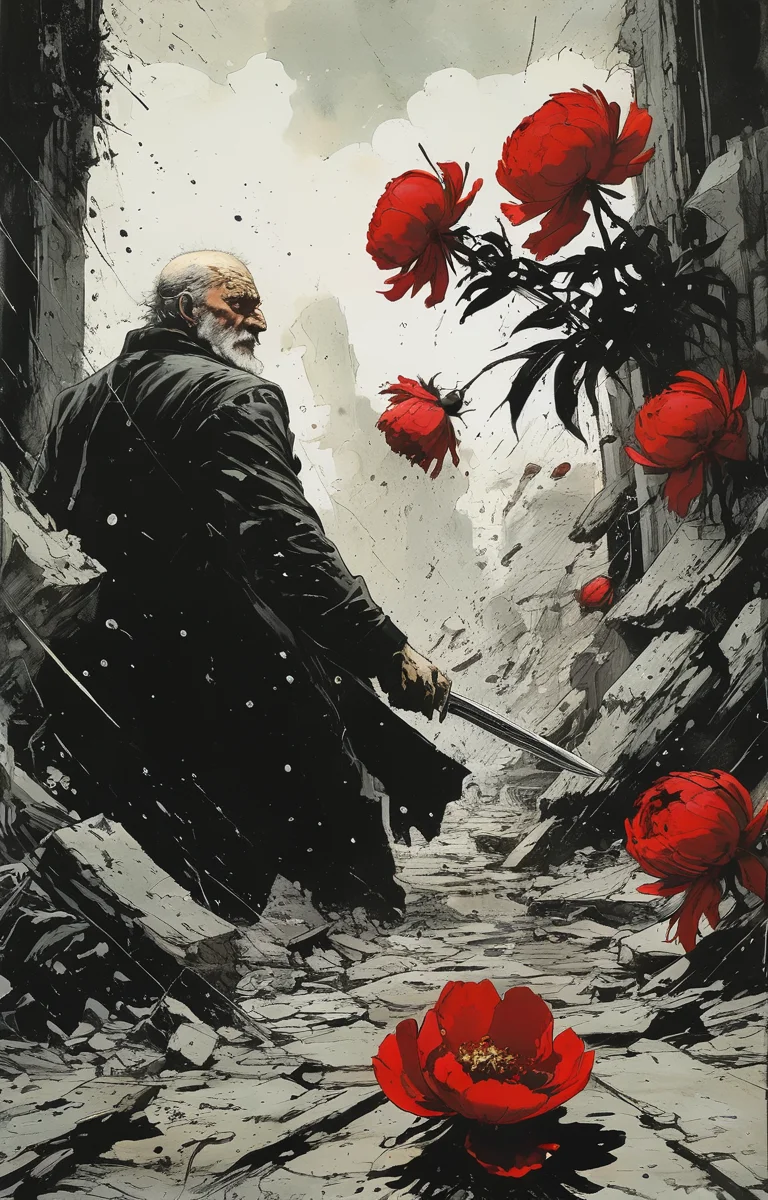 masterpiece,best quality,<lora:tbh236-sdxl:0.8>,illustration,style of Frank Miller decaying peonies