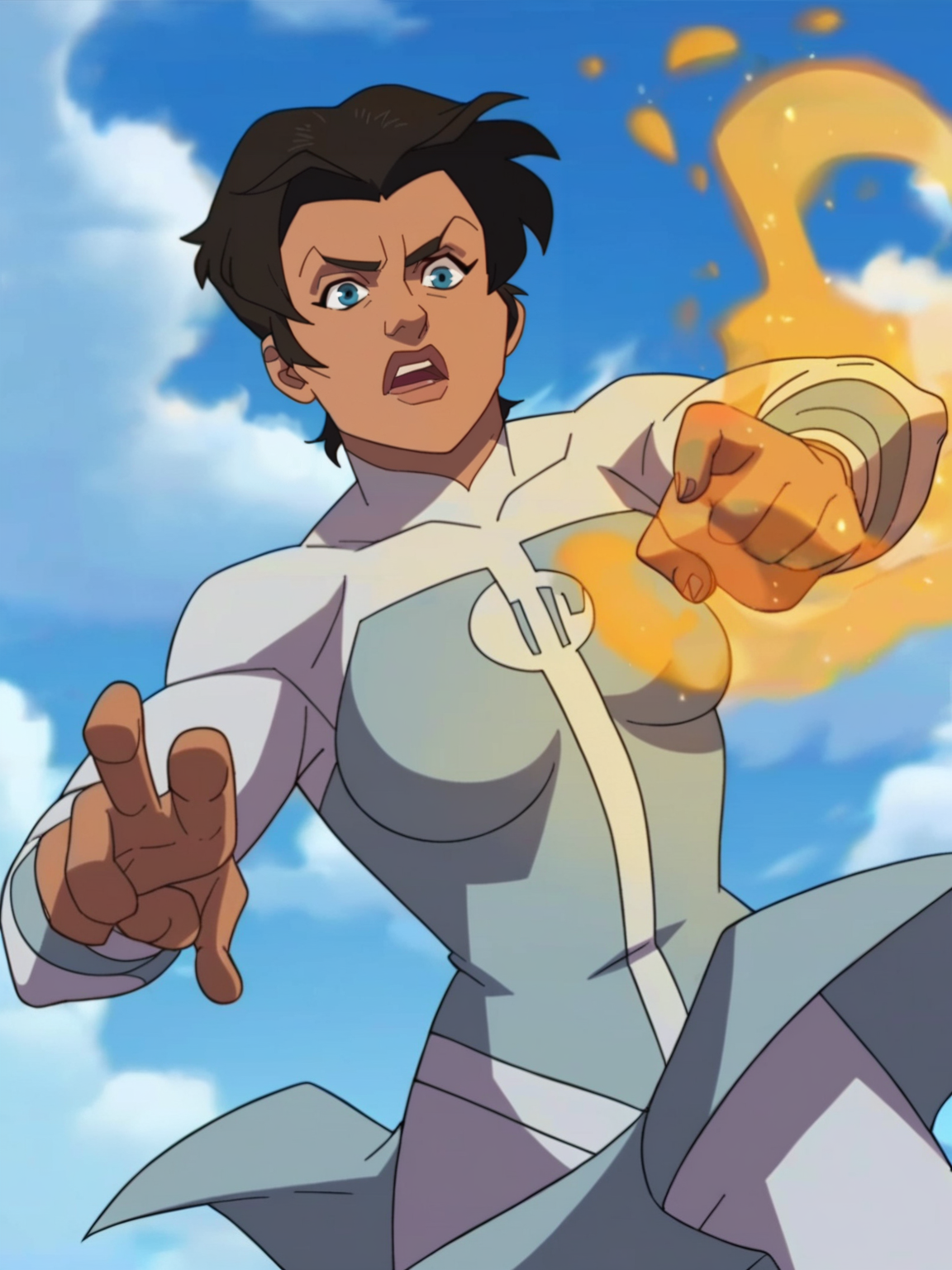 <lora:Viltrumit:0.9>, v_um, 1girl, blue eyes, brown short hair,     mage, magic, epic pose, score_9, score_8_up, score_7_up,