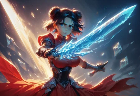 score_9, score_8_up, score_7_up, source_cartoon. <lora:princess_xl_v2:0.7><lora:officialpit_style_v11:1>, (dramatic lighting), low light, high quality, detailled face, pretty face, standing, large breasts, hourglass figure,
short black hair, low buns with bangs, earrings,
swordswoman,blue eyes, blue battle dress, ice sword, ice magic, shards of ice floating, Wielding sword, pointing sword ahead,