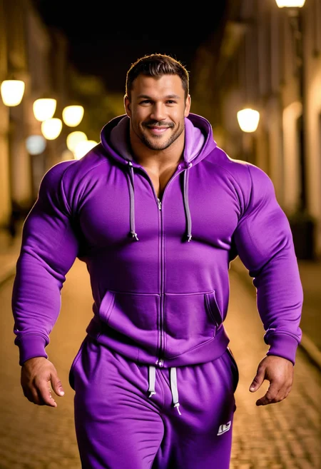 cinematic film still beautiful portrait of a handsome super huge body muscular chunky man, walking in the street at night, walking towards viewer, wearing tight full body purple sweats outfit, large bulge , open hoodie, smile, action shot . shallow depth of field, vignette, highly detailed, high budget, bokeh, cinemascope, moody, epic, gorgeous, film grain, grainy
 <lora:bodybuildingsex:0.8> bodybuildingsex.massive pectoral,