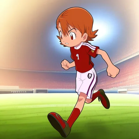 core_9, score_8_up, score_7_up, source_anime, prefect lighting, very aesthetic, intricate details, highly detailed background, high quality, prefect hands, best quality, sora takenouchi, digimon short hair, brown eyes, soccer uniform, red soccer shirt, white shorts, running, soccer field, looking down, playing,