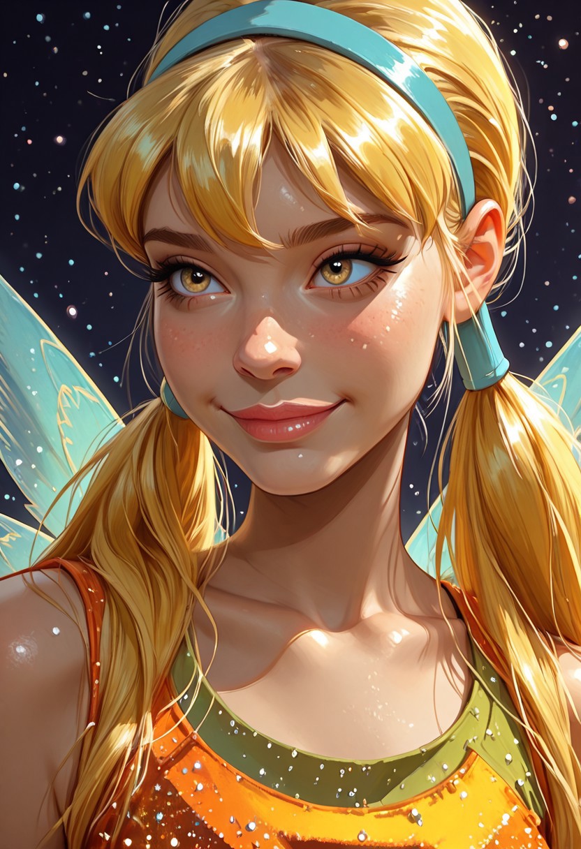 Portrait shot, close up, Expressiveh,
score_9, score_8_up, score_7_up, realistic, 
solo, 1girl, st3lla, blonde hair, hairband, wings, glitter, orange shorts, croptop, twintails,
masterpiece, best quality, absurdres, shy smile, action pose,