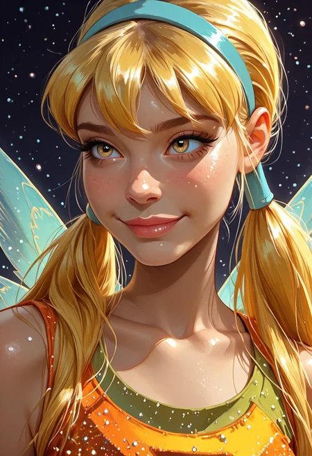 Portrait shot, close up, Expressiveh,
score_9, score_8_up, score_7_up, realistic,
solo, 1girl, st3lla, blonde hair, hairband, wings, glitter, orange shorts, croptop, twintails,
masterpiece, best quality, absurdres, shy smile, action pose,