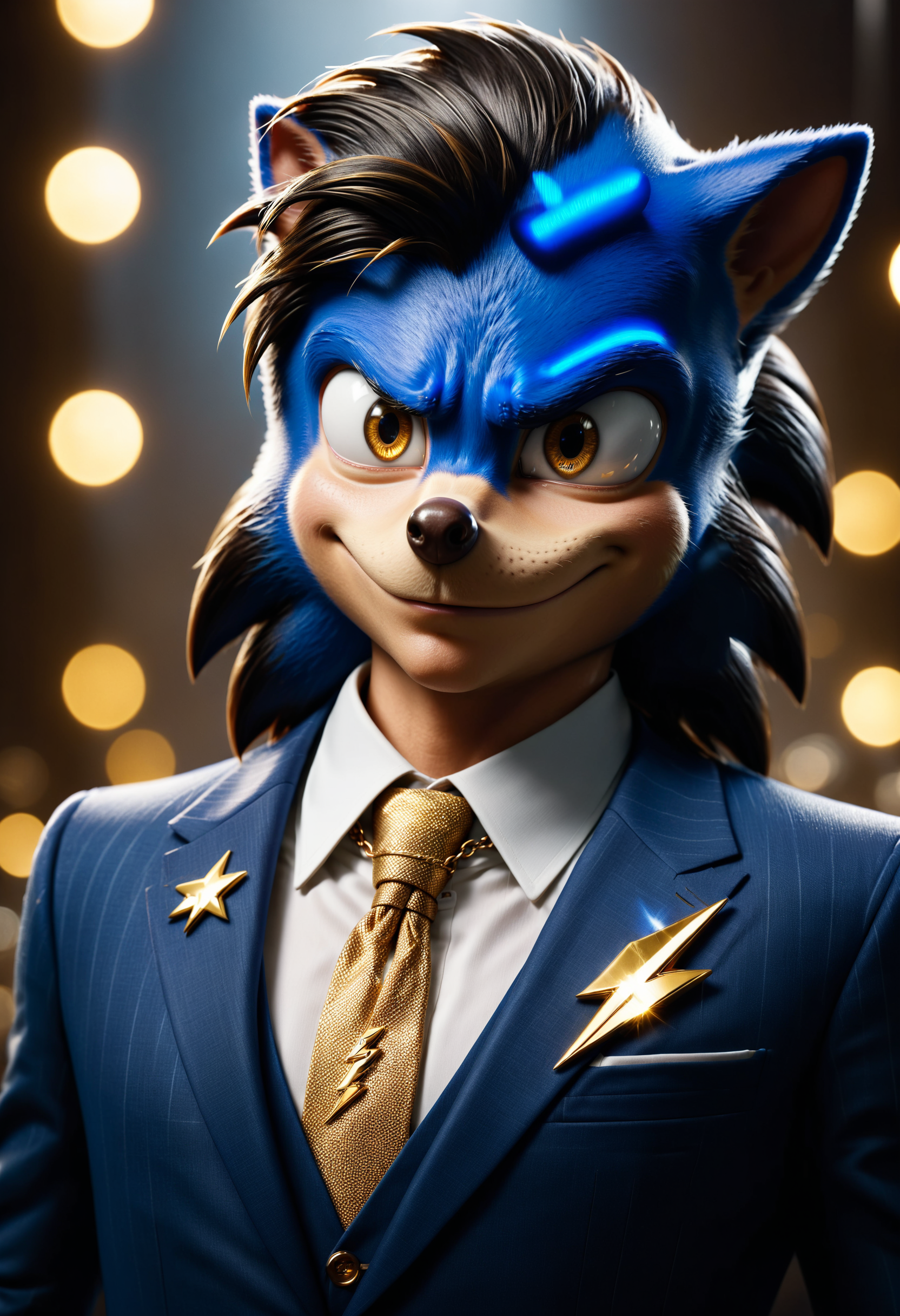 cinematic film still sonic the hedgehog wearing a suit, gold chain  <lora:dvr-bzz:0.8> dvr-bzz . shallow depth of field, vignette, highly detailed, high budget Hollywood movie, bokeh, cinemascope, moody, epic, gorgeous, film grain, grainy