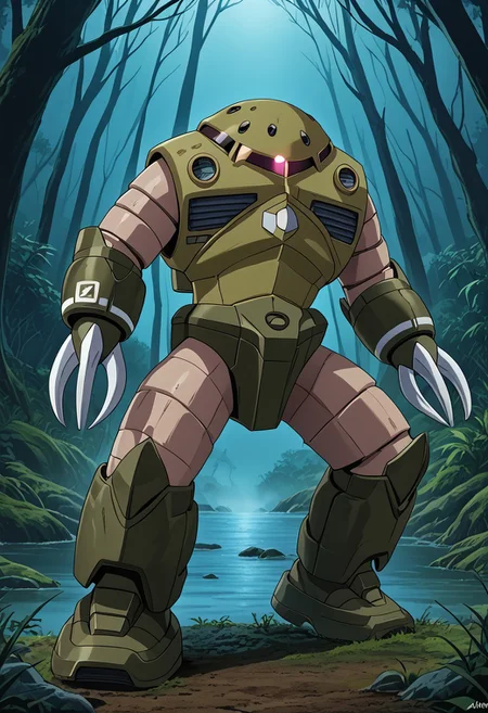 score_9, score_8_up, score_7_up, source_anime, cowboy shot, side view, BREAK, ( zgok, green_zgok_armor, pink monoeye, full body, looking at viewer, combat pose, ballast tanks on back, green zgok, weathering, legs apart, 3 fingers, ) 1mech, mech focus, solo, BREAK, swamp, bayou, fog