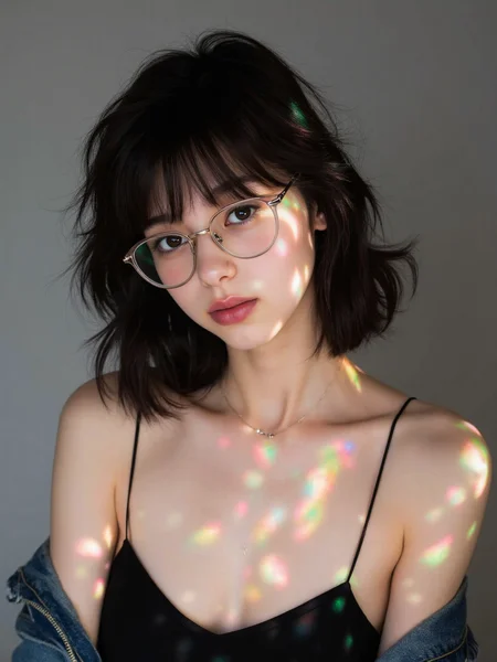 There are wonderful studio lights and various reflections,
18yo beautiful cute girl with blushing and female orgasm.skin naturally showing the texture of blood vessels and detailed pale skin,
--,
<lora:Nakajo_Ayami_f1:1>,she is Nakajo Ayami, The young woman has voluminous, loosely curled dark brown hair that frames her face in a soft, effortless manner. Her skin is medium-toned, with a natural, warm complexion. The large, round glasses she wears have clear lenses and slightly thick frames, adding a vintage, intellectual vibe to her appearance. Her eyes, though partially shadowed by the lighting, convey a mix of introspection and quiet curiosity. Her lips are naturally full, with a subtle hint of color that complements her overall understated, elegant look.ClothingShe is wearing a thin-strapped black camisole, revealing her shoulders, with one side of a denim jacket loosely hanging off, giving a casual and laid-back feel to her outfit. The contrast between the minimalistic black top and the denim jacket adds depth to her style, which is simple yet chic.The colored light patterns across her face, caused by the refraction of light, interact with her features, adding a dreamlike and ethereal quality to the image. The diagonal lines of light highlight certain parts of her face, casting soft shadows and enhancing her facial structure, especially around her cheekbones and jawline.The overall mood she portrays is one of quiet contemplation, as though sheâs lost in thought, blending seamlessly into the artistic, almost surreal environment created by the light play around her., æºå¨äººå½¢è±¡ svenice,