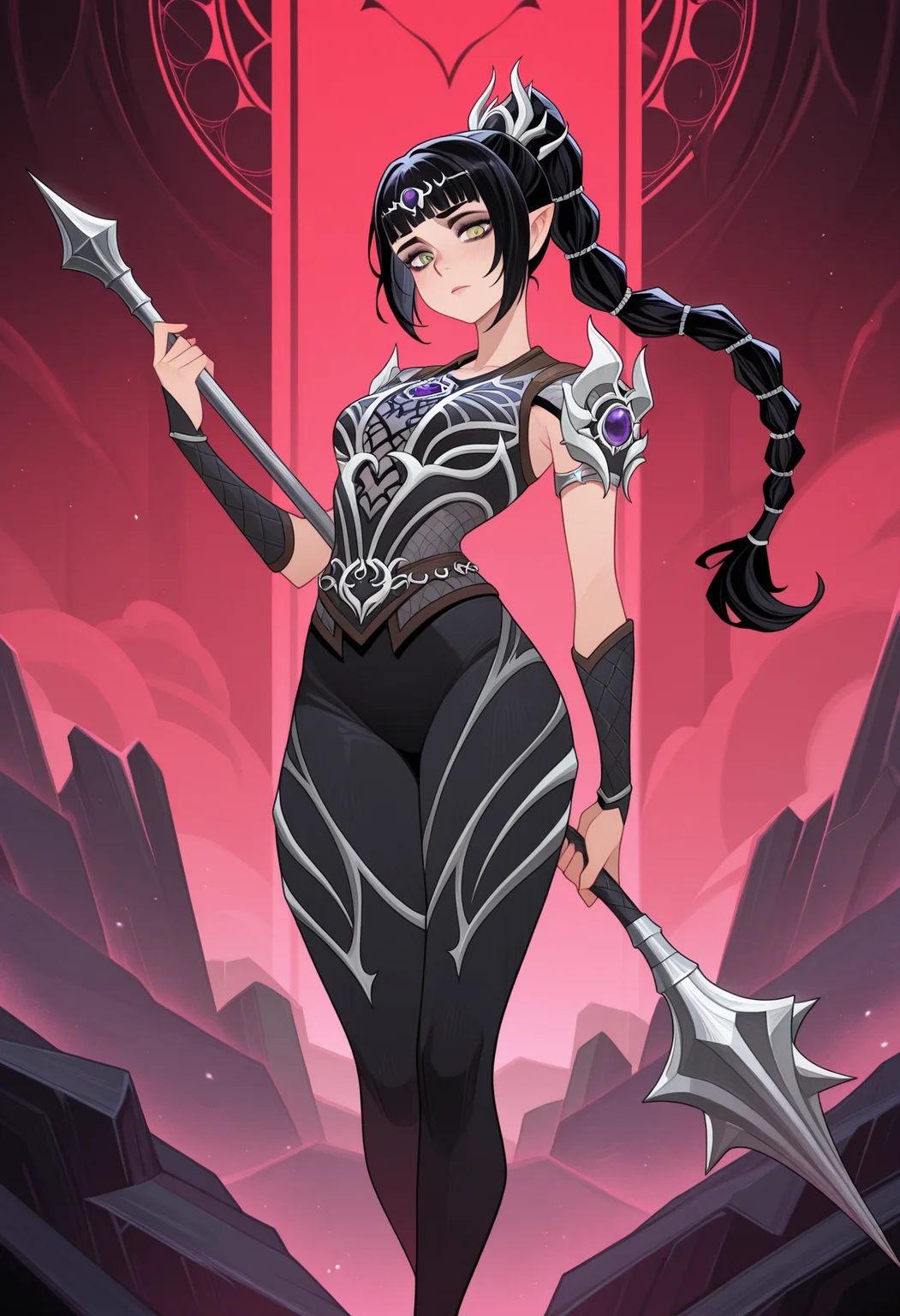 masterpiece, best quality, amazing quality, 1girl, solo,, <lora:afkArenaIllustrious:1>afkarenastyle,
shadowheart \(Baldur's gate\), holding weapon, mace
