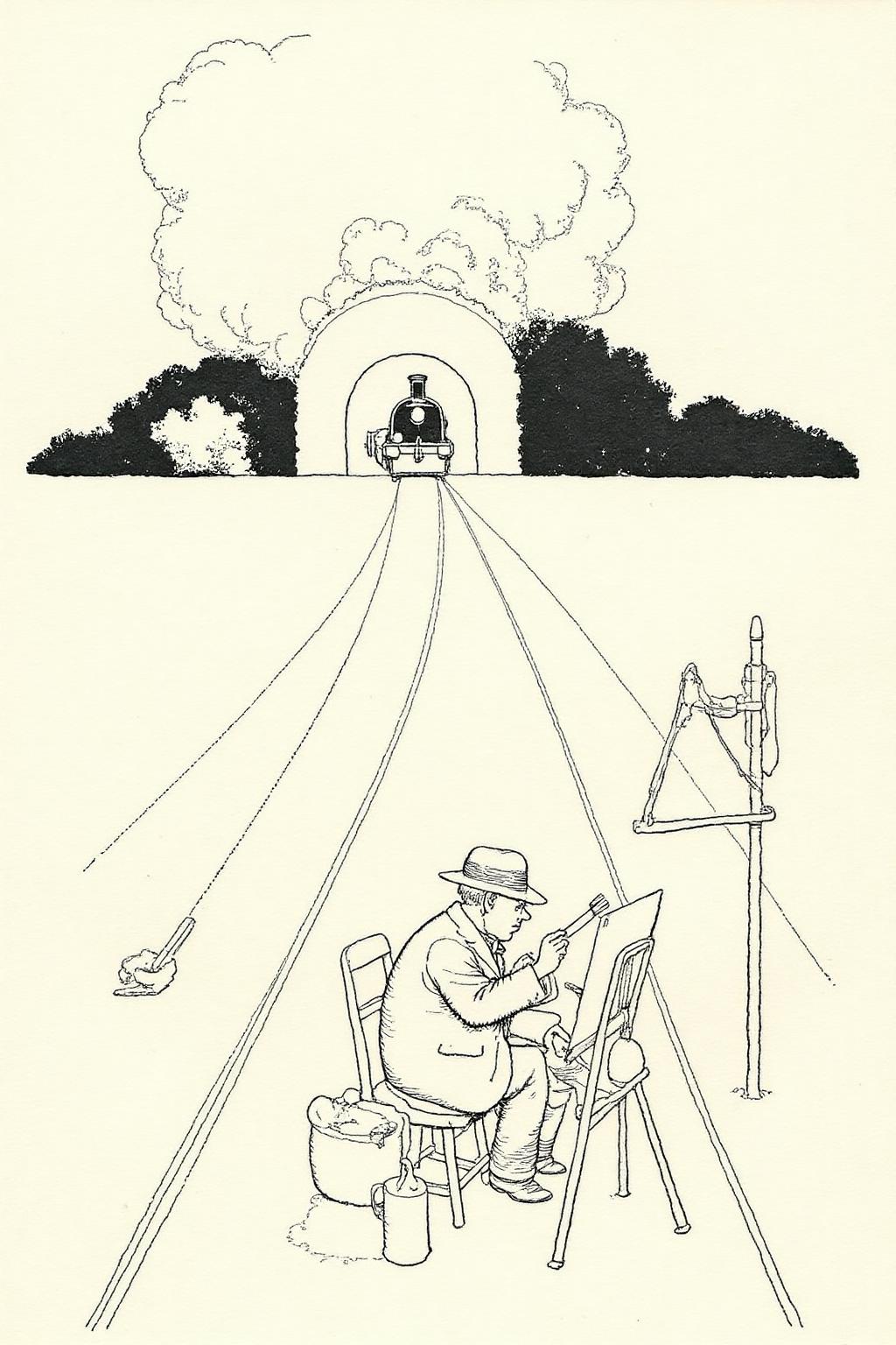 whrob1 illustration. 
A middle-aged man sitting on a small stool, positioned on a flat, paved road that stretches into the distance. He is wearing a wide-brimmed hat, painting on a small canvas in front of him. In the background a train is emergin from a tunnel. <lora:whrob1_cap_d6a3e11:1.0><lora:828456035850235646:0>