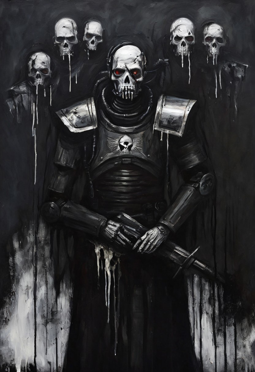 novuschroma64 style, w4rh4mm3r style oil painting ,grimdark, zombified undead cyborg military commander fanatic, pure black background, black and white