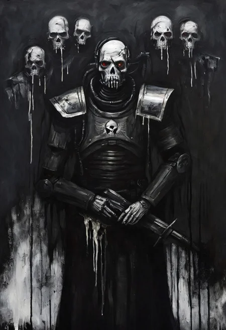 novuschroma64 style, w4rh4mm3r style oil painting ,grimdark, zombified undead cyborg military commander fanatic, pure black background, black and white