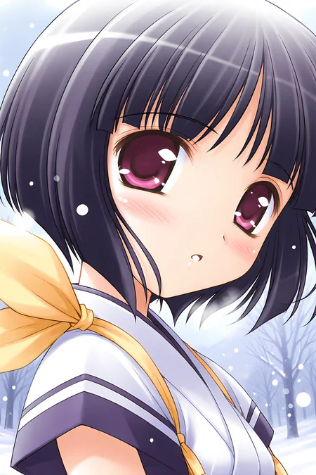 masterpiece, best quality, absurdres, official art, official style, general BREAK <lora:arisakashiina_IL_v1-2:0.7>, arisaka shiina, 1girl, solo, purple eyes, black hair, purple hair, short hair, bob cut, blunt bangs, flat chest, small breasts BREAK japanese clothes, white dress, short sleeves, shoulder ribbon, yellow ribbon, blue line, upper body, close-up, portrait, outdoors, snowing,
blush, :o, looking at viewer, open mouth, parted lips, stunned