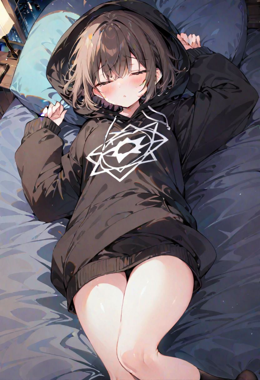girl, chara, brown short hair, ((masterpiece)), ((high quality)),best quality, (extremely detailed CG:1.2), Highres, 4K, 8K, big black hoodies, pantagram on hoodies, black socks, no pants, , lie on bed, (sleeping), clossed eyes, night, ca3, scarfed clothes, see body parts