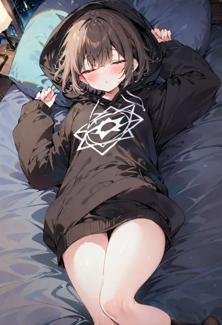 girl, chara, brown short hair, ((masterpiece)), ((high quality)),best quality, (extremely detailed CG:1.2), Highres, 4K, 8K, big black hoodies, pantagram on hoodies, black socks, no pants, , lie on bed, (sleeping), clossed eyes, night, ca3, scarfed clothes, see body parts