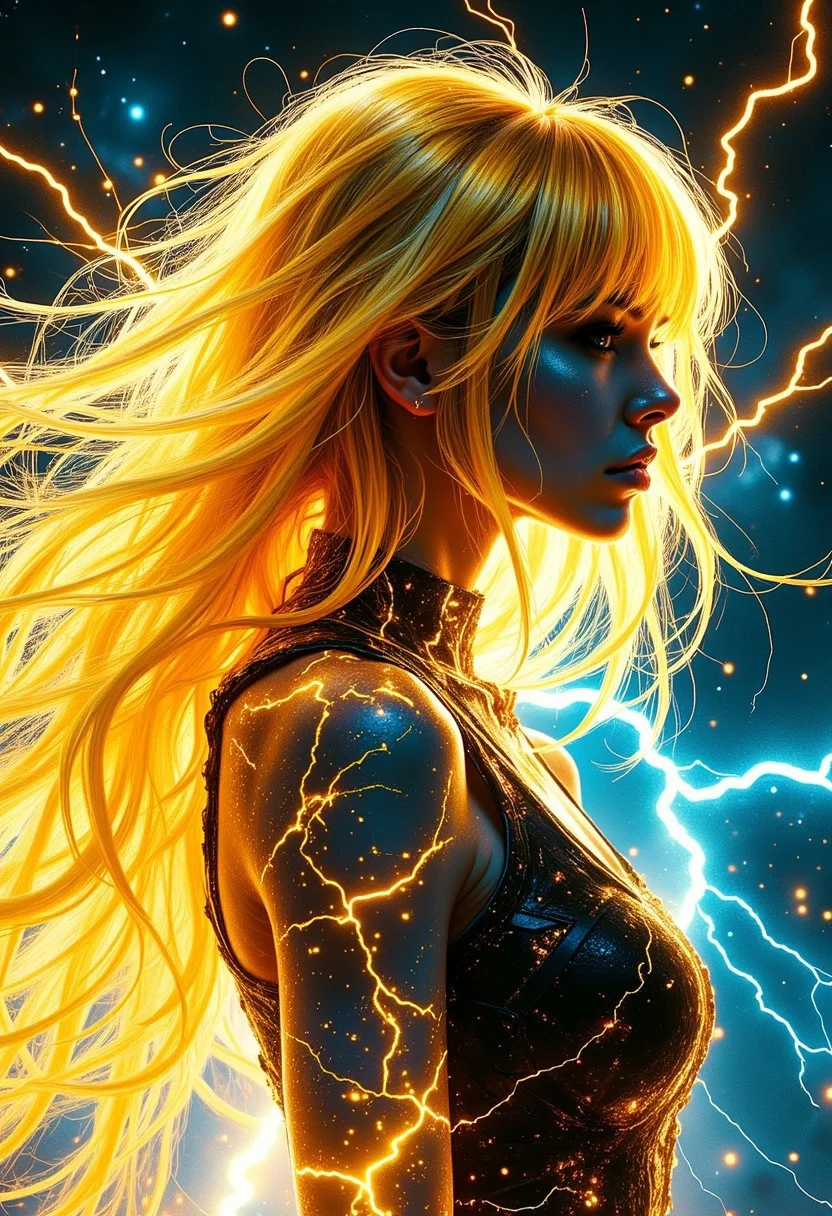 Silhouette Art, magnificent. sparks of electricity coalesce into female thunder elemental, long electric yellow hair, bangs, pulsing with yellow and blue electrical energy, closeup portrait