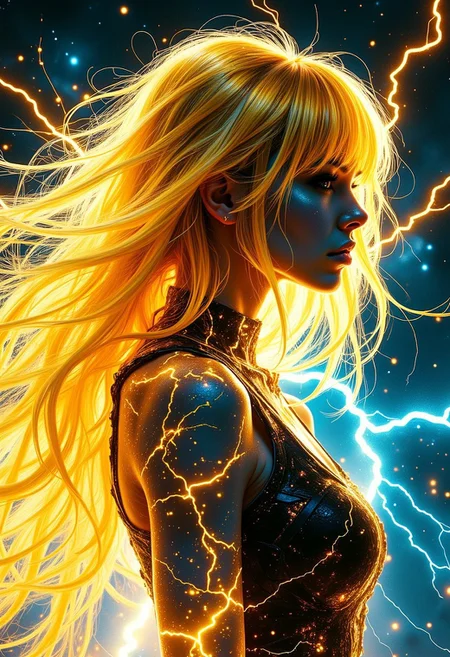 Silhouette Art, magnificent. sparks of electricity coalesce into female thunder elemental, long electric yellow hair, bangs, pulsing with yellow and blue electrical energy, closeup portrait