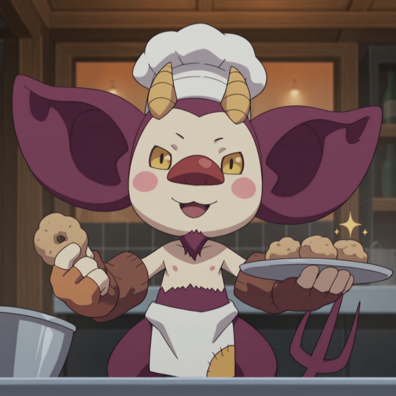 2d, 1boy, solo, Ukobach, imp, male, purple fur, beige skin, horns, yellow sclera, black pupils, blush stickers, big ears, big red nose, goatee, tail, nipples, fingerless gloves, loincloth

BREAK open mouth smile, happy, sparkles, chef hat, holding tray of cookies, indoors, looking at viewer, standing

BREAK best quality, amazing quality, very aesthetic, absurdres, newest, masterpiece 